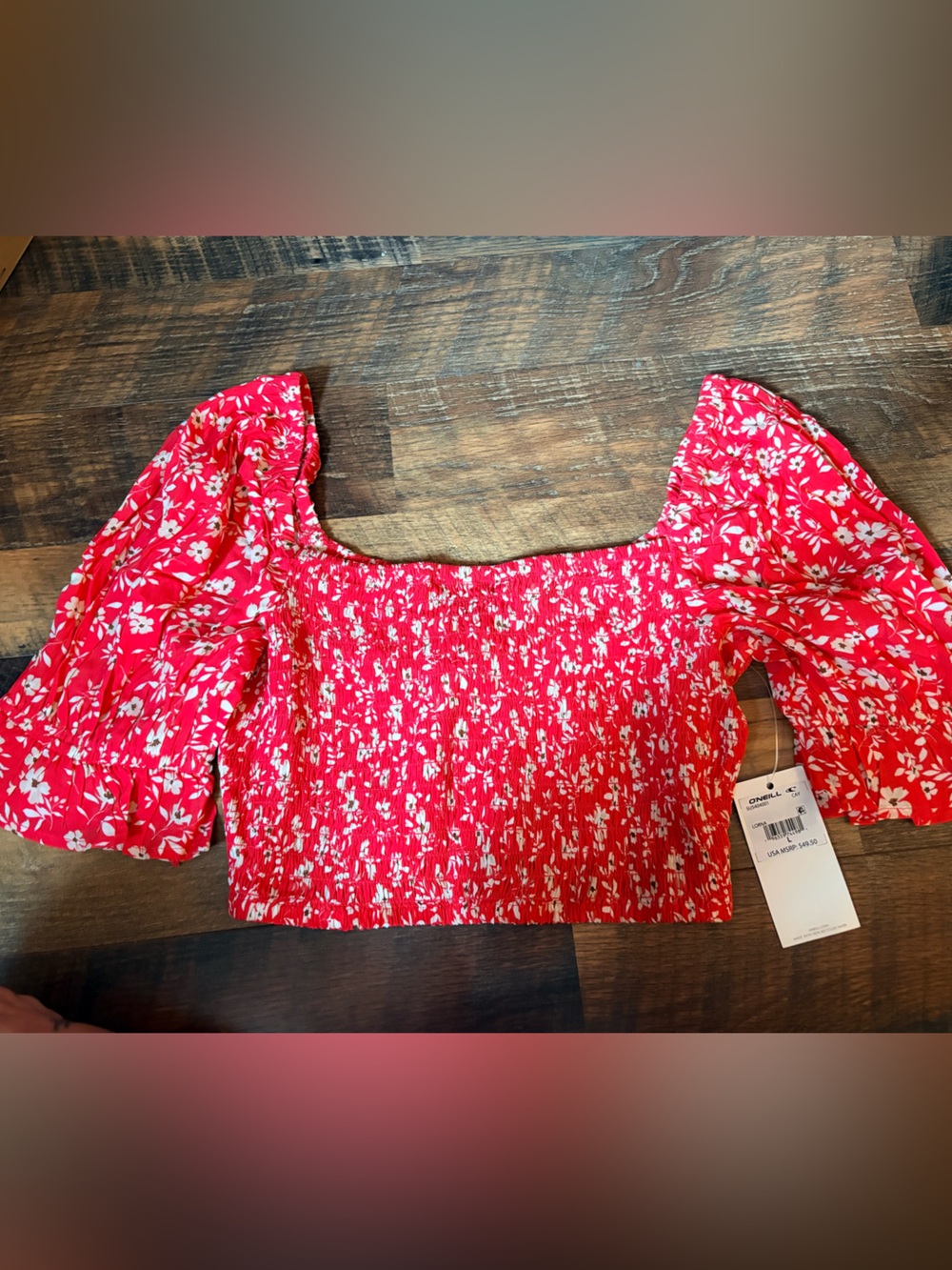 Red Floral Smocked Puff-Sleeve Crop Top